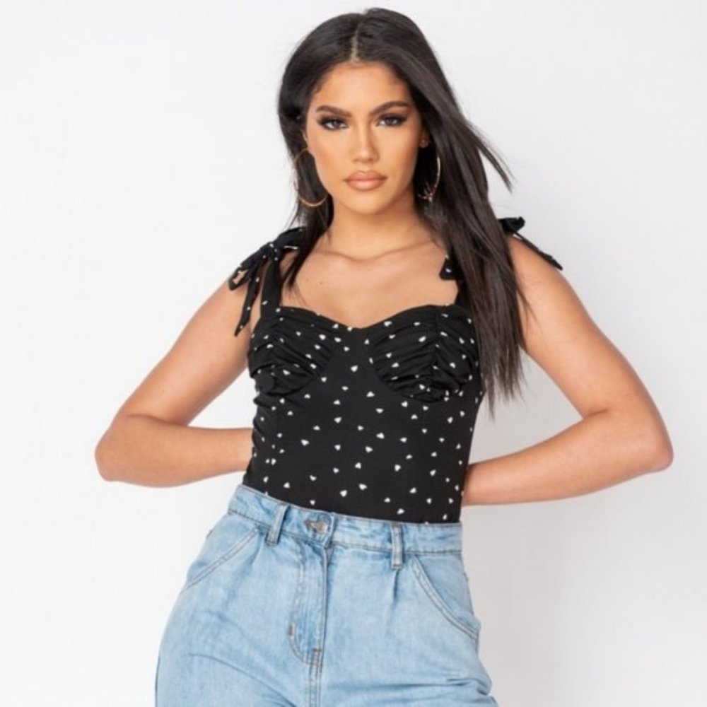 Black and White Heart Print Sleeveless Bustier Top Blouse - Picture 14 of 15
